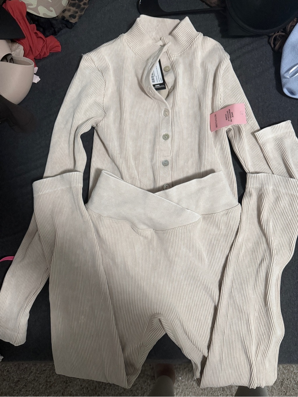 Ribbed Beige Women's High-Waist Pants & Button-Up Top Set